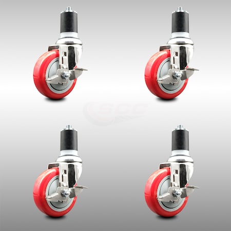Service Caster 4 Inch 316SS Red Poly Swivel 1-7/8 Inch Expanding Stem Caster Set Brake SCC SCC-SS316EX20S414-PPUB-RED-TLB-178-4